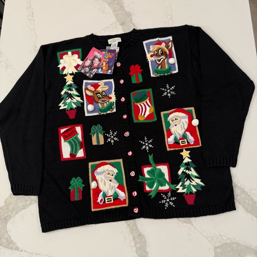 Vintage Y2K 90’s Yarnworks NWT Rudolf Ugly Christmas Cardigan Sweater Women’s 2X